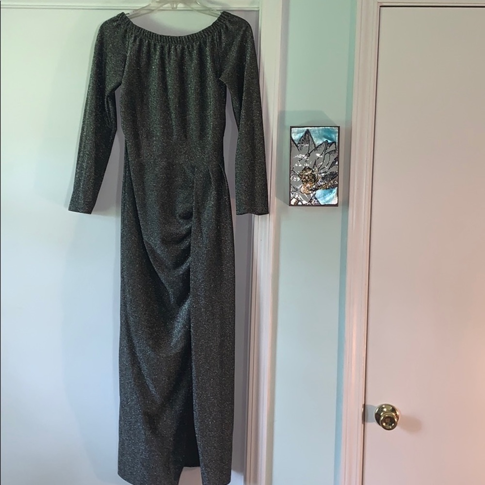 Metallic Off the Shoulder Faux Wrap Dress